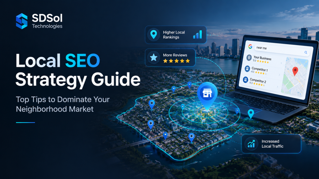 Local SEO strategy guide showing local search, maps, reviews, and business visibility