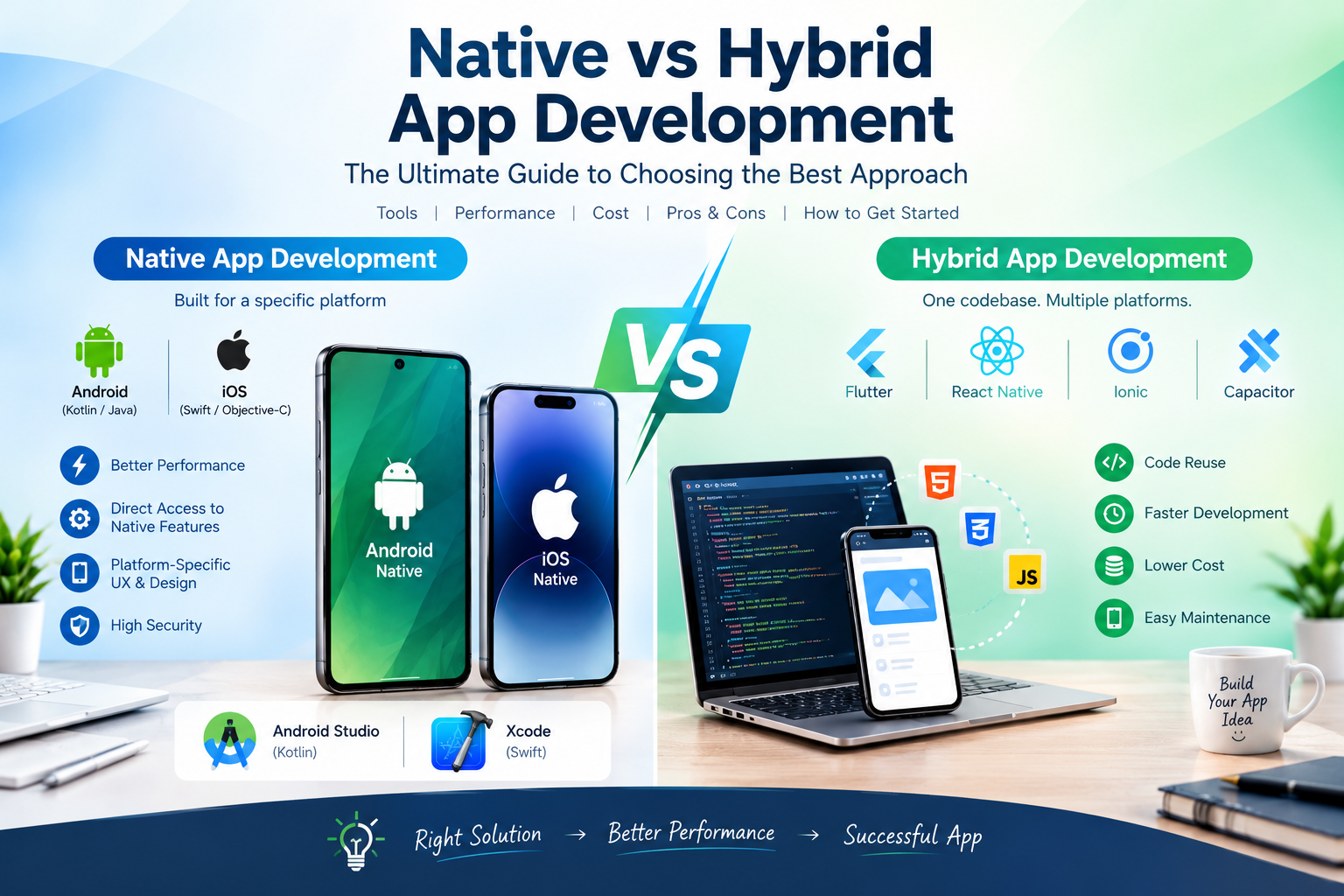 Native vs hybrid app development comparison showing mobile app development approaches