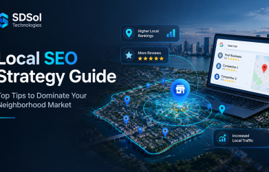 Local SEO strategy guide showing local search, maps, reviews, and business visibility